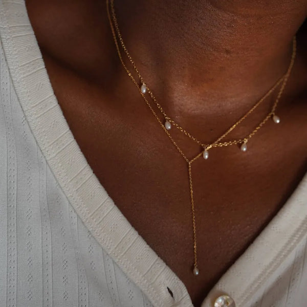 Fashionable Long Y-Shaped Tassel Freshwater Pearl Necklace Women's Clavicle Chain Minimalist Style Geometric Pattern Stainless Steel