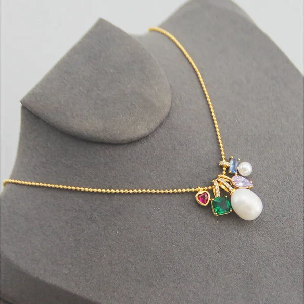 elegant square heart shape freshwater pearl copper inlay zircon pendant necklace