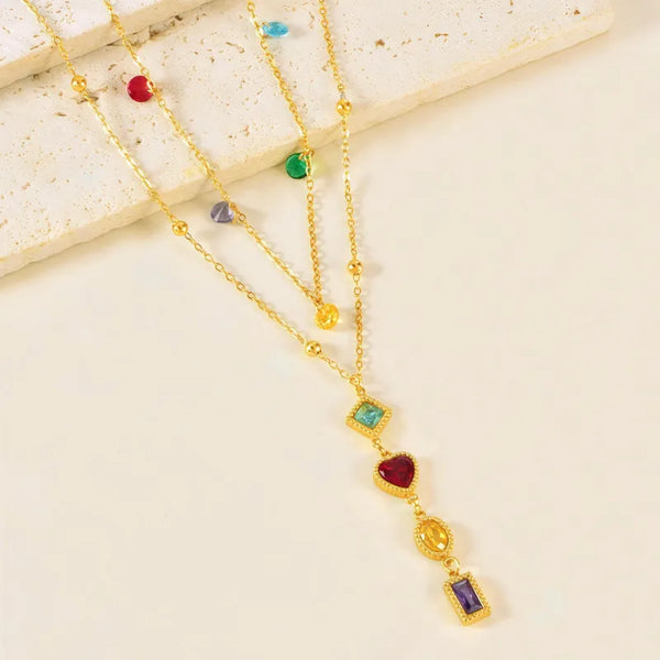 Heart Shape Necklace with Tassel Featuring Diamond Inlay and Electroplated Gold Plating in Colour