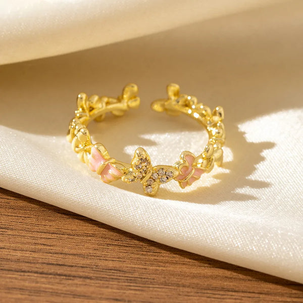 Flowers Enamel Copper Ring For Women in Golden Color