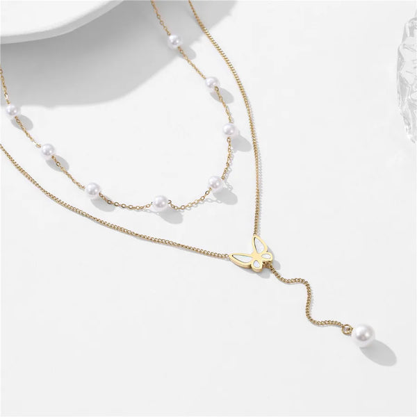 elegant butterfly titanium steel plating inlay artificial pearls shell 18k gold plated layered necklaces