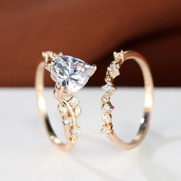 Romantic Round Heart Shaped Zircon Rings Set Fashionable Versatile Couple Rings Copper Material Simple Style For Women