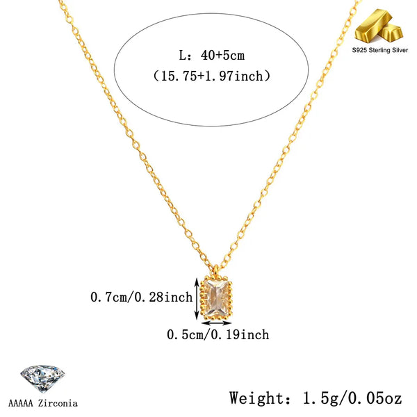 S925 Sterling Silver Rectangle Zirconia Geometric Fashion Simple Classic Daily Versatile INS Style Necklace Women Adults Spring Clasp