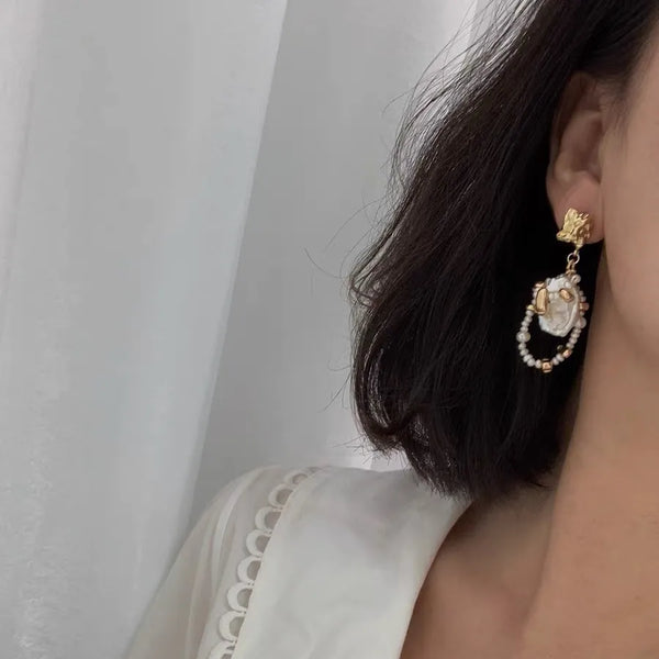 Natural Baroque Pearl Earrings, Ethnic Style, Women's Fashion Jewelry, Simple Design, Asymmetric Chic Kash Hoop Earrings