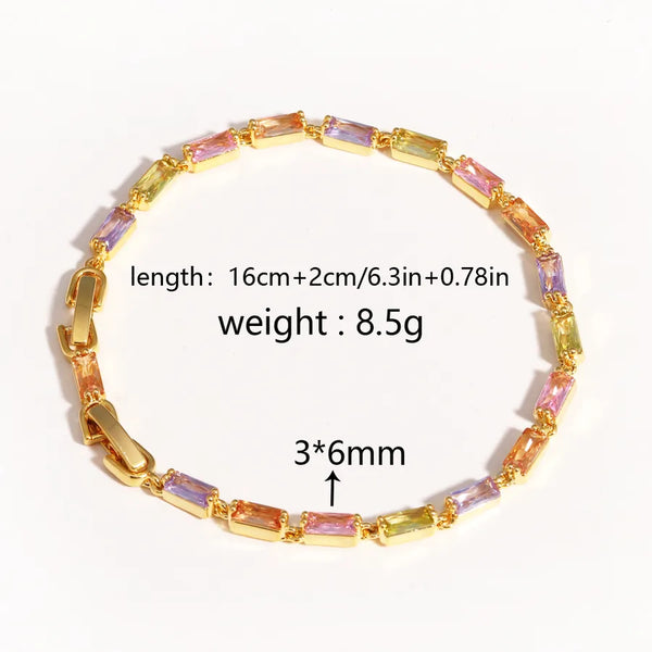 Rainbow Full Zircon Bracelet 18K Gold Plated Non-Fading Luxury Women's Jewelry Copper Chain Buckle Clasp Handmade Craftsmanship