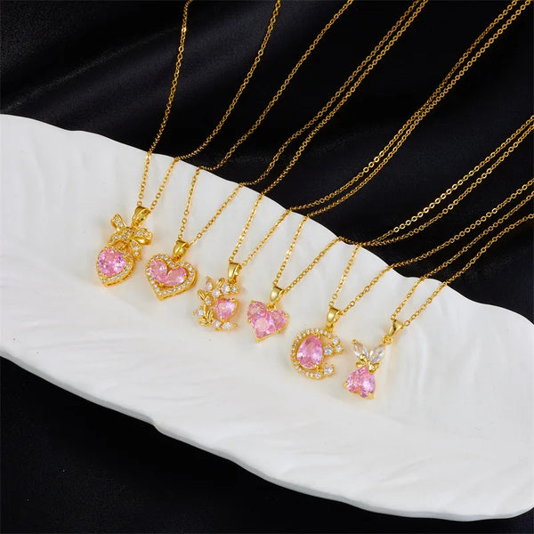 simple style heart shape copper inlay zircon pendant necklace