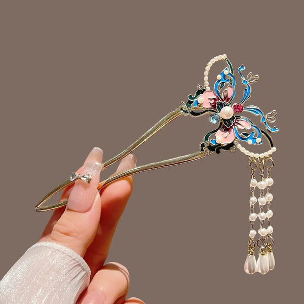 Blue Butterfly New Chinese Style Hairpin Traditional Chinese Women's Qipao Hair Accessories Fashionable Alloy Butterfly Hair Clip