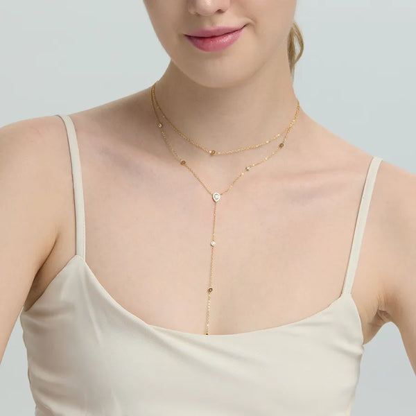 Double Layered Long Necklace Zirconia Waterdrop Stainless Steel Gold Plated Ins Luxury Waterproof Geometric Pattern Women's Jewelry