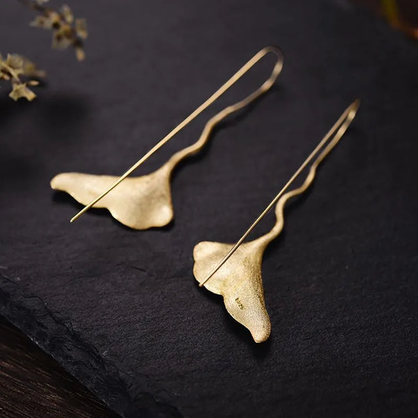 1 Pair 925 Sterling Silver Ginkgo Leaf Drop Earrings