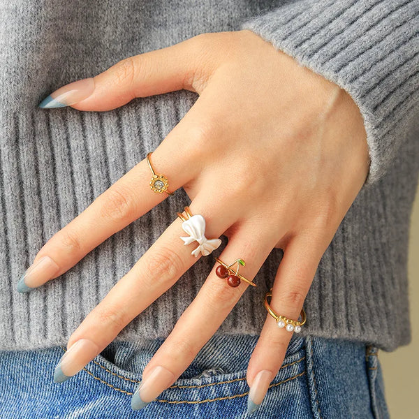 Wholesale Jewelry Cute Sweet Cherry Bow Knot 304 Stainless Steel Artificial Pearls Zircon 14K Gold Plated Enamel Open Rings
