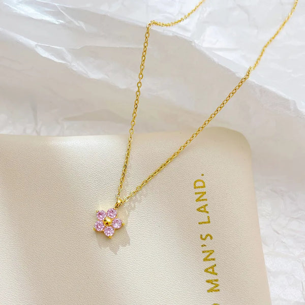 Wholesale Jewelry Cute Flower 304 Stainless Steel Zircon 18K Gold Plated Pendant Necklace cable chain