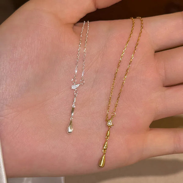 S925 Sterling Silver Pendant Necklace Women's Antique Style Frosted Waterdrop Luxury Gold Plated Tassel Collarbone Chain