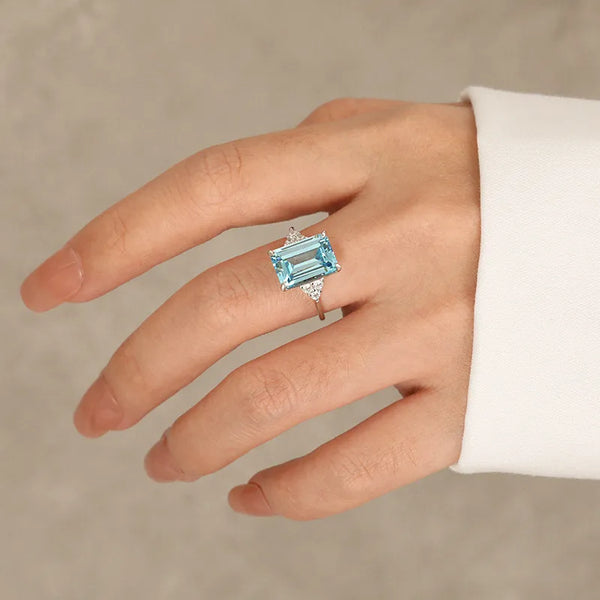 Hot Selling S925 Sterling Silver Rectangular Sea Blue Zircon Diamond Rings Women's Simple Fashion  Style Food Ring