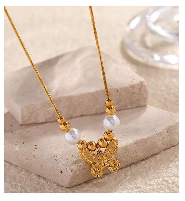Electroplated Butterfly Necklace in 18K Real Gold Plated 304 Stainless Steel with PVD Coated 0.03µm-0.05µm Thickness Snake Chain