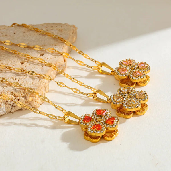 Vacuum Electroplating (In Furnace) Plated 18K Real Gold Zircon 304 Stainless Steel Rotating Flower Pendant Necklace