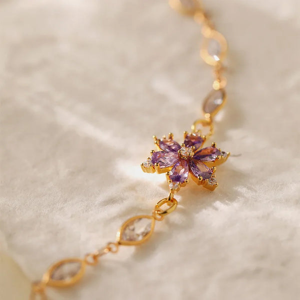 Flowers Bracelet for Women in Copper with 18K Real Gold Plated Finish and Zircon Inlay