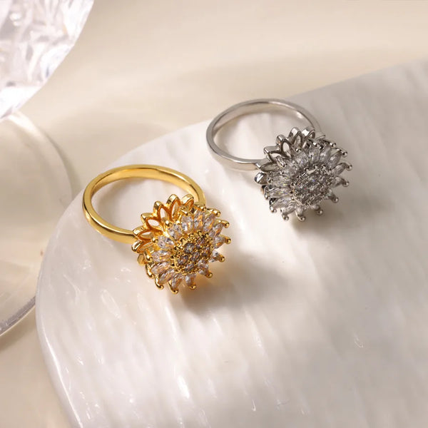 Unwind Gorgeous Flower Rotating Women's Ring 18K Gold Plated Windmill Four-Leaf Clover Snowflake Jewelry Zircon Ring