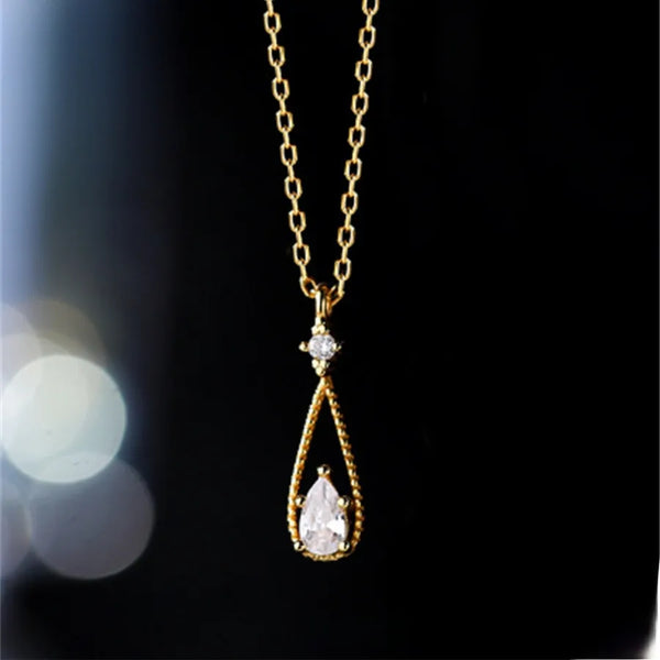 S925 Sterling Silver Waterdrop Necklace Women's Fashion Minimalist Chic Trendy Geometric Pattern Diamond Embedded Pendant