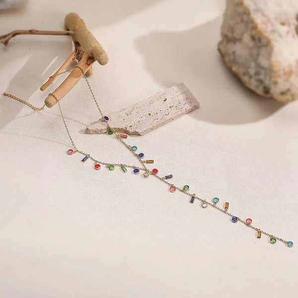 Long Elegant Copper Embedded Color Diamond Block Necklace For Women Personality Hip Hop Y Shaped Round Square Patterned Pendant