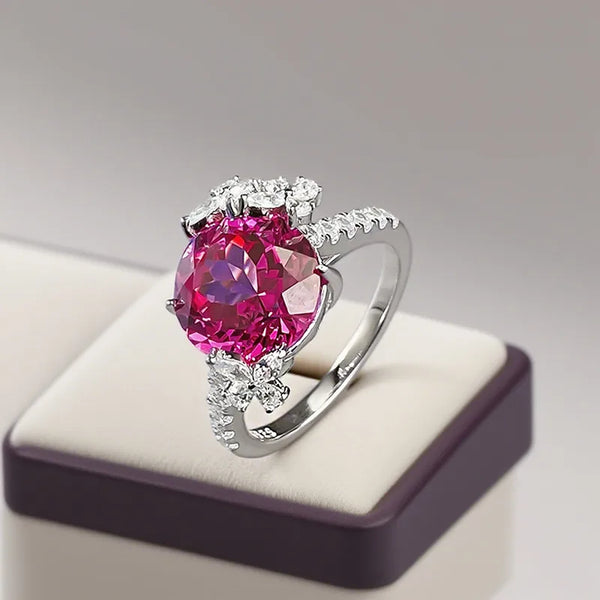 Elegant S925 Sterling Silver Ring With 10mm Round Color Gemstone Rose Decoration Women's Party Style Jewelry Accessory