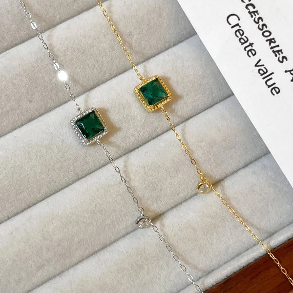 Square For Women 925 Sterling Silver Bracelet with Electroplated 18K Real Gold Plated Finish Featuring May Birthstone Emerald