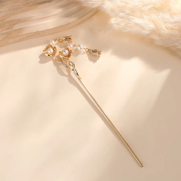 Vintage Style Flowers Hair Sticks for Women in Metal with Pearl Inlay, Perfect Birthday Hair Accessories