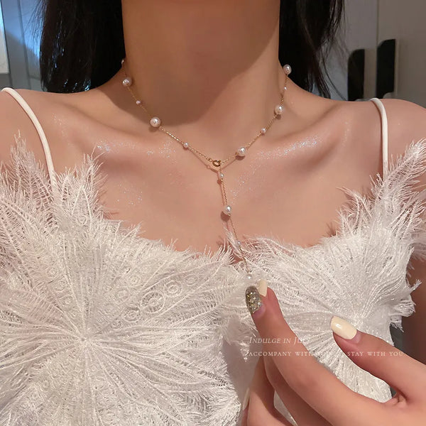lady pearl titanium steel beaded tassel plating necklace 1 piece