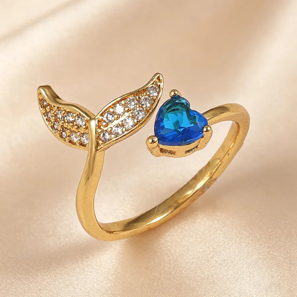 Mermaid Open Rings for Couples with Bezel Setting, Copper Material Electroplated and Copper Plated, Featuring Rhinestones Inlay