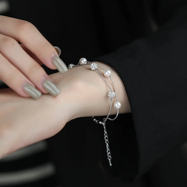 S925 Sterling Silver Pearl Bracelet Women's Double Layer Starry Sky Luxury Design Geometric Pattern Engraved Elegant Sensation