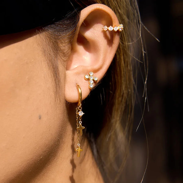 Waterproof Non Tarnish Cross Earrings for Women in 304 Stainless Steel with 18K Real Gold Plated PVD Coating and Zircon Inlay