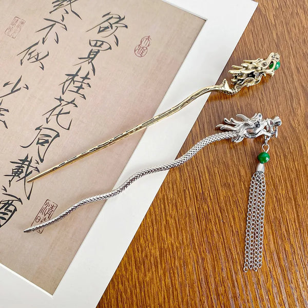 Elegant Metal Dragon Hairpin Women's Style Tassel Hair Clip Retro Chinese Fashion Princess Romance Business Cute Summer