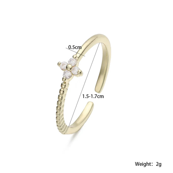 Electroplated Flowers Open Ring for Women in Copper with 18K Real Gold Water Plating and Zircon Inlay