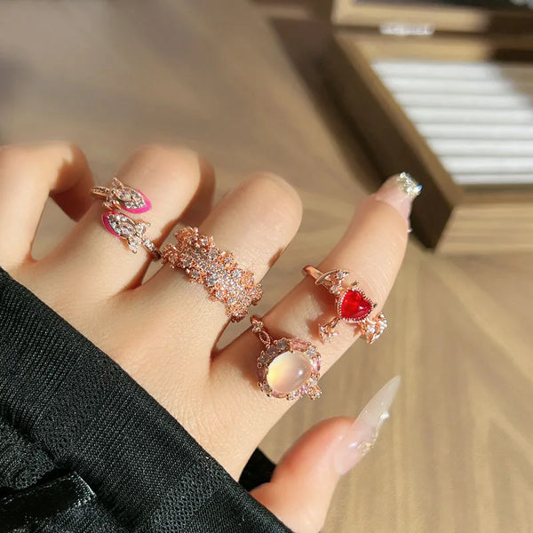 Heart Shape Asymmetrical Open Ring for Women in Copper with Rose Golden Plating and Zircon Inlay