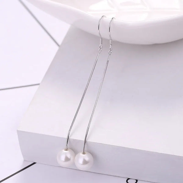 S925 Silver Tassel Long New Shell Bead Ins Earring Dangle Jewelry Simple Elegant Linear Pattern Jewelry Accessories