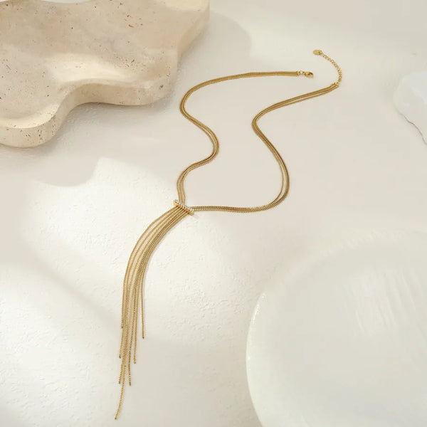 Style Autumn Winter Fashion Long Tassel Y-Chain Stainless Steel Necklace 18K Gold Plated Light Luxury Jewelry Wholesale
