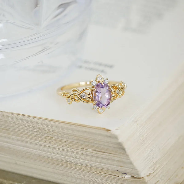 Novelty Oval Ring For Women in 925 Sterling Silver with Electroplated Gold Plating Featuring February Birthstone Amethyst
