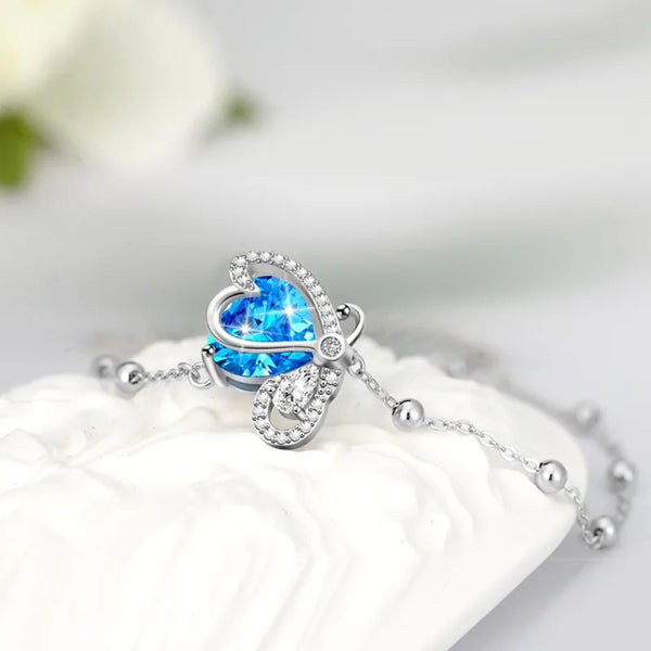 Butterfly Dance Crystal Bracelet for Women S925 Sterling Silver Silver Diamond Inlaid Heart Shape Adjustable Clasp Gift for Girlfriend