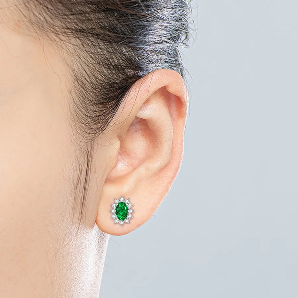 Fashionable Luxury S925 Sterling Silver Oval Synthetic Emerald Earrings Geometric Pattern Women's Jewelry Elegant Light Weight