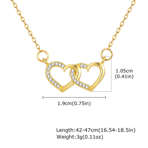 Wholesale Jewelry IG Style Elegant Double Heart 201 Stainless Steel Zircon 18K Gold Plated Pendant Necklace cable chain