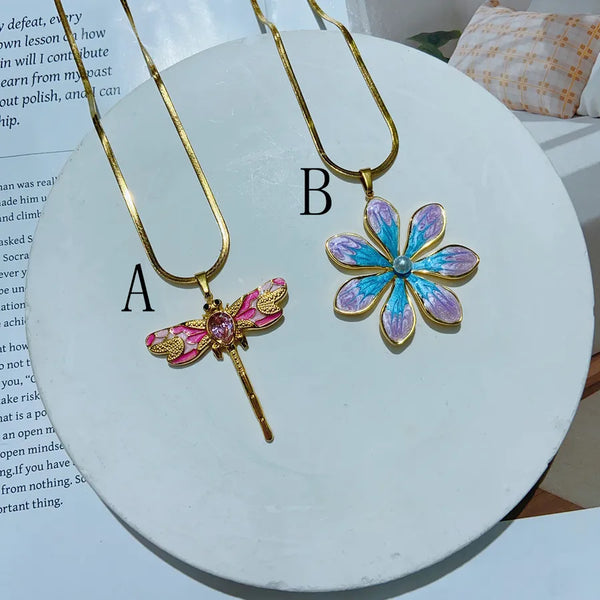 Wholesale Jewelry Simple Style Commute Flower Dragonfly 304 Stainless Steel Copper 18K Gold Plated Epoxy Inlay Pendant Necklace snake chain
