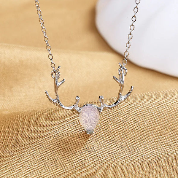 Elegant Minimalist 925 Sterling Silver Deer Antler Necklace Fashionable Moonstone Pendant Women's Deer Jewelry Luxury Style