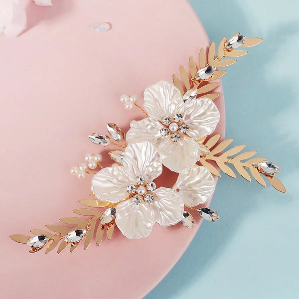 Handmade Floral Hair Clip Pearl Duckbill Clip Gold Foil Wedding Photography Updo Hair Accessory Vintage Hair Ornament for Women