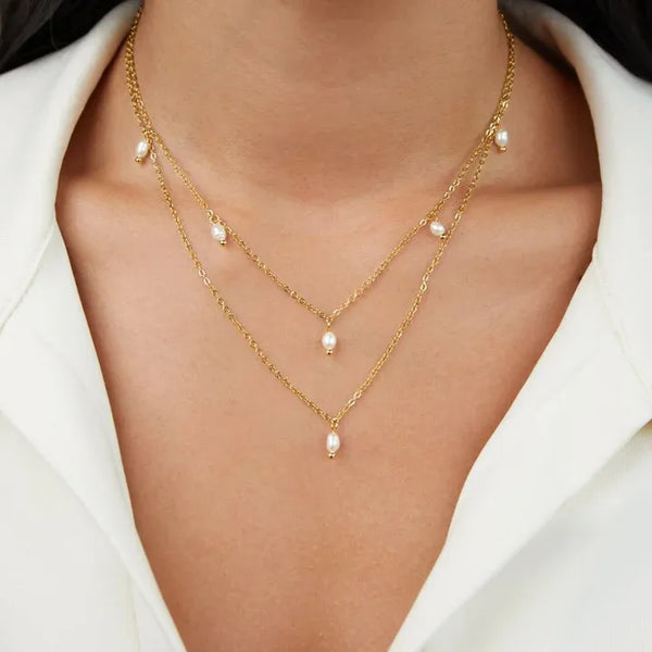 Vacuum Electroplating (In Furnace) Plated 18K Real Gold 304 Stainless Steel Freshwater Pearl Round Pearl Double Layer Women's Suitable Necklace