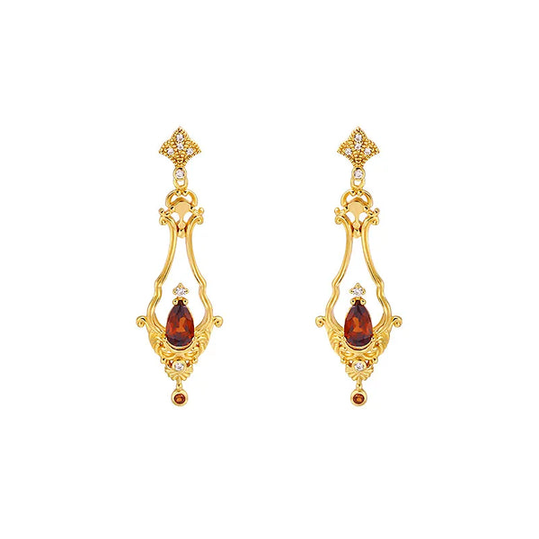 Swinging S925 Sterling Silver Long Dangle Earrings French Vintage Court Style Red Pomegranate Waterdrop Cat Head Women's Earrings