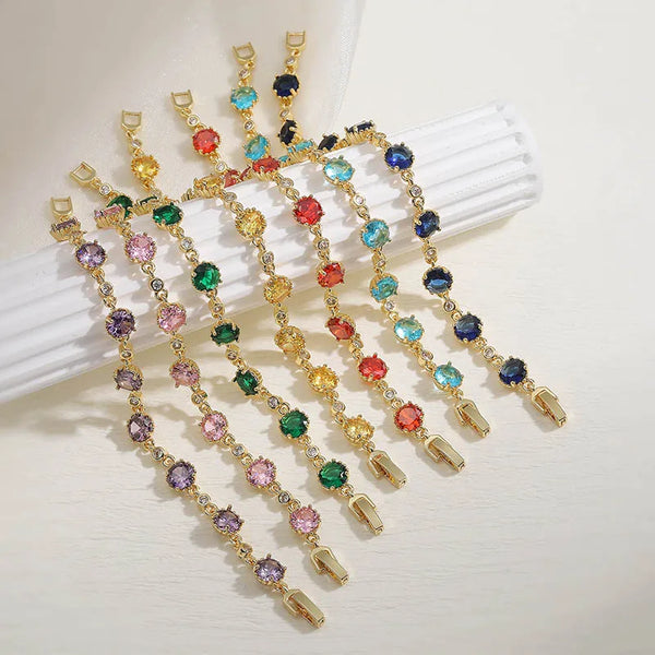 Elegant Copper Plated 18K Gold Micro Inlaid Colorful Diamond Round Bracelet Super Shiny Layered Hand Jewelry Handmade Chain