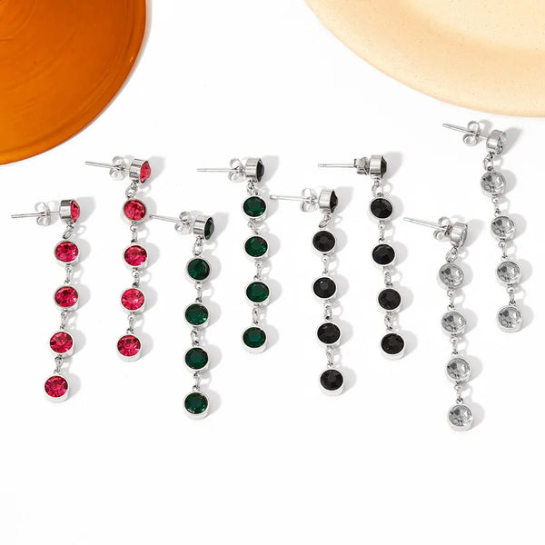 british style round stainless steel plating zircon drop earrings 1 pair