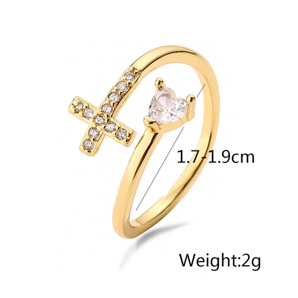 Heart Shape Open Ring for Women in Copper with 18K Real Gold Plated Water Plating and Zircon Inlay, Electroplated Finish