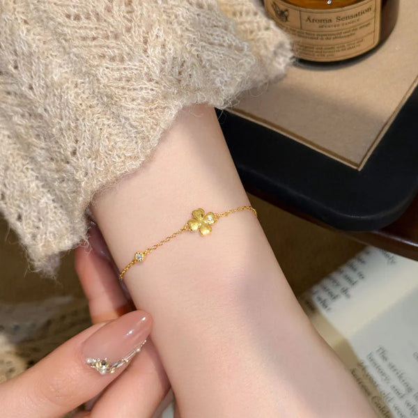 Four Leaf Clover Bracelet for Women in 925 Sterling Silver with 18K Real Gold Plated Electroplated Finish and Rhinestone Inlay