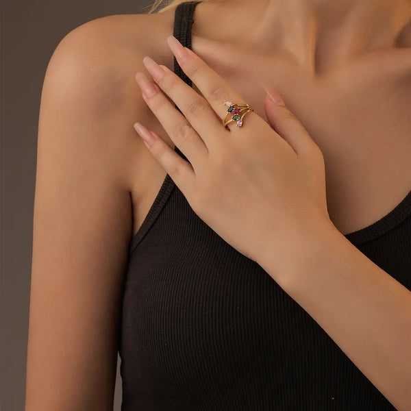 1 Piece Elegant Colorful Zircon Hollow Water Plated 14K Real Gold Women's Copper Open Ring Suitable for Women's Daily Wear