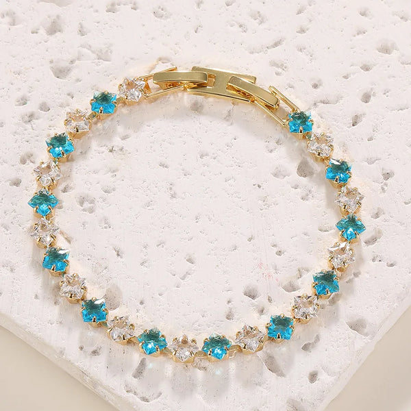 Square Electroplated Copper Bracelet for Women with 14K Real Gold Plated UV Plating and Zircon Inlay, Featuring Box Chain